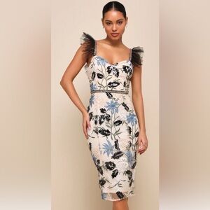 Lulus (XS) Formal Neutral Embroidered Sequin Dress with Ruffle Sheer Straps
